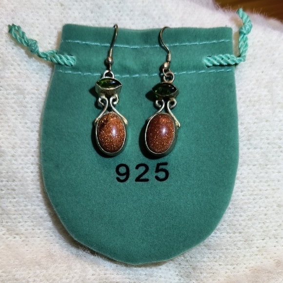Brown and Green Teardrop Dangle Earrings - Picture 1 of 3